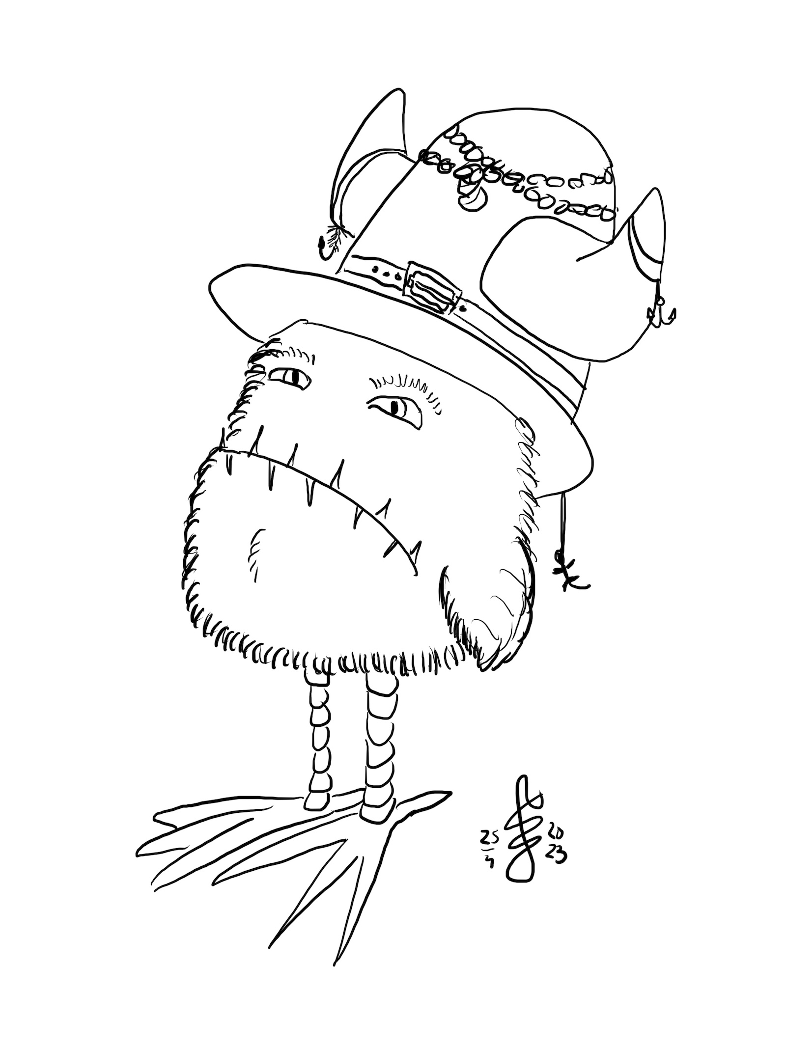 Schneeble wearing big hat, staring into the distance